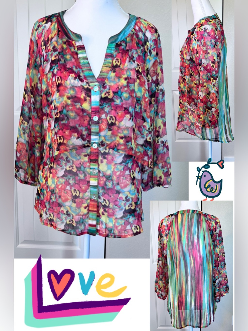 Anthropologie Semi Sheer Floral-Stripe Button Front Blouse Multi-Color Sz Small
